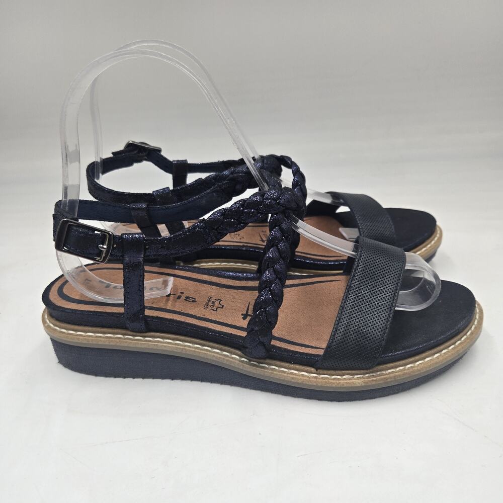 Tamaris Shoes Womens 6.5 US 37 EU Blue Braided Leather Glitter Strappy Sandals